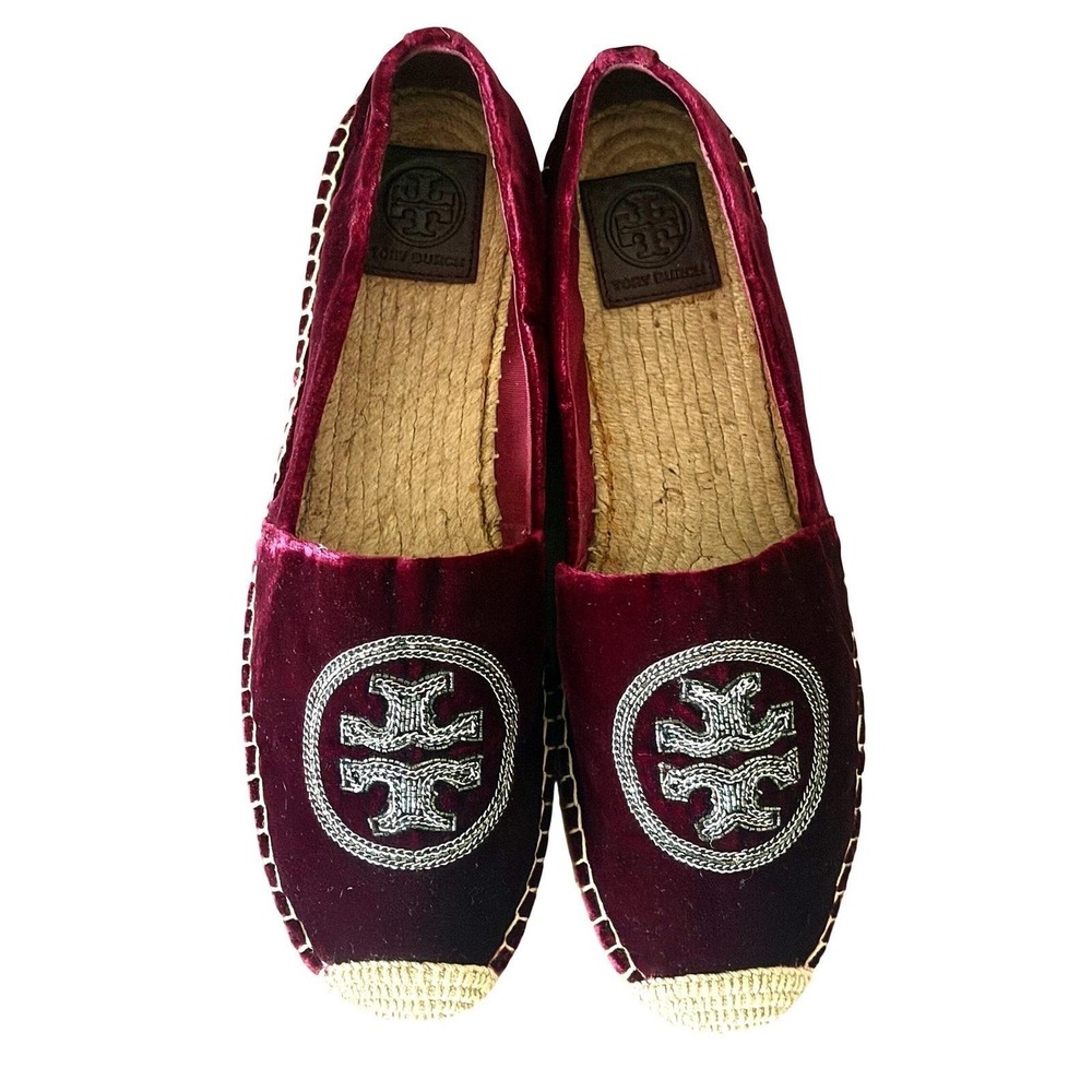 Tory Burch Poppy Metallic Logo Velvet Espadrilles Burgundy Wine 10.5M 5585 - Picture 2 of 16